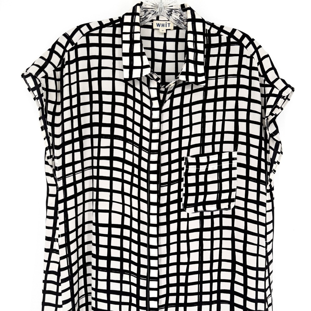 WHIT Sutton Shirt Dress Silk Black White Grid Print Maxi Short Sleeve Size M - Picture 10 of 16